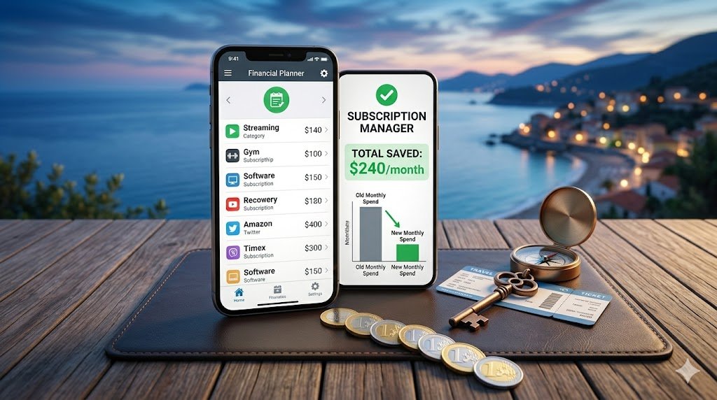 Smartphones displaying a subscription manager app next to a key and compass on a wooden table, representing how to save money on subscriptions for financial freedom.