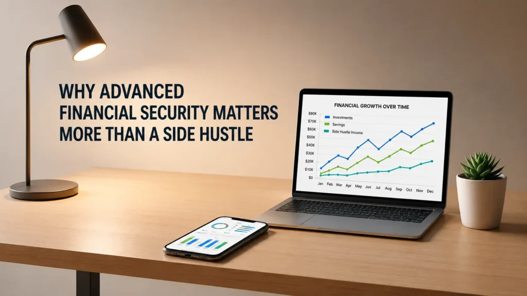 Advanced financial security workspace featuring a laptop with investment growth charts, smartphone dashboard, modern desk lamp, and clean office setup representing long-term wealth protection and financial planning.