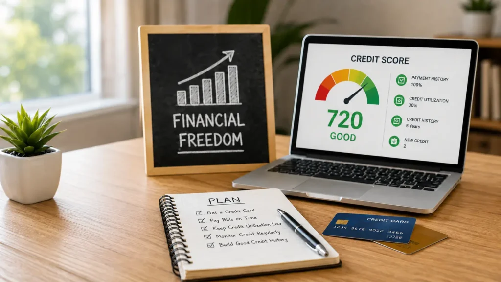 Current image: How to build credit at 18 with a credit card, credit score tracker, and financial planning notebook on a modern desk.