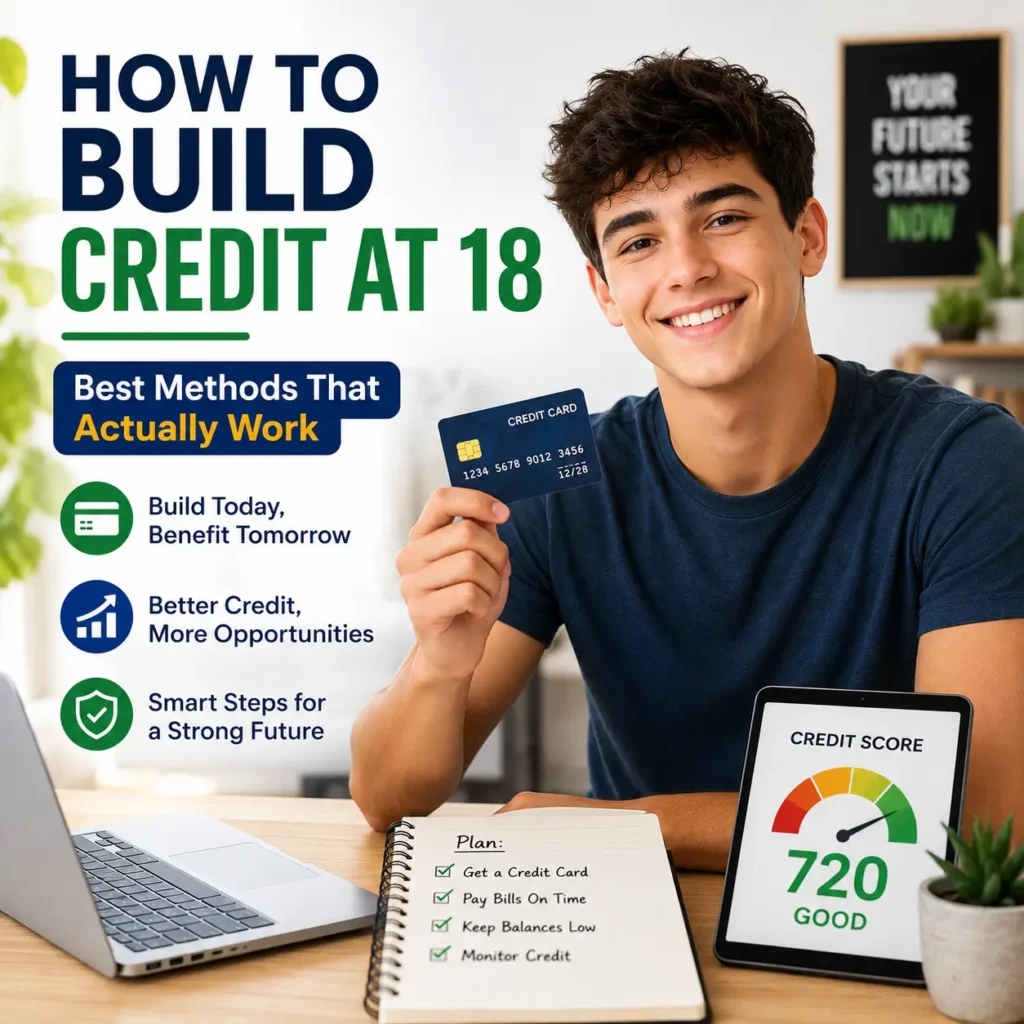 How to build credit at 18 with a young adult holding a credit card, credit score dashboard, laptop, and financial planning notebook showing steps to improve credit history and score.