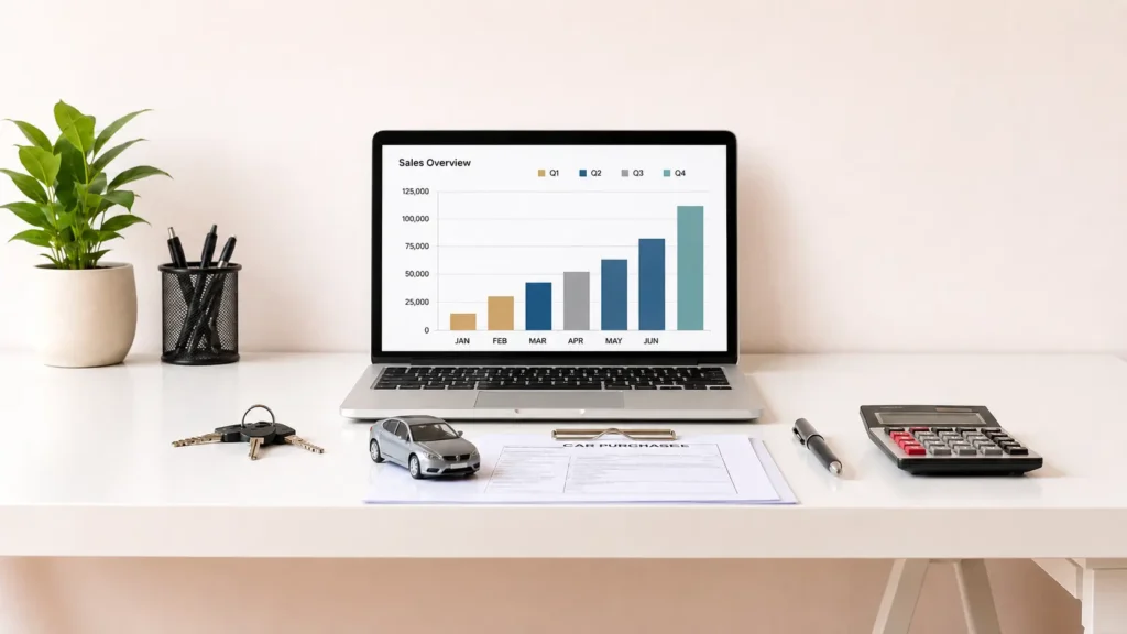 Current image: Modern desk showing car keys, model car, purchase documents, calculator, and laptop with clear financial data chart for in-house financing.
