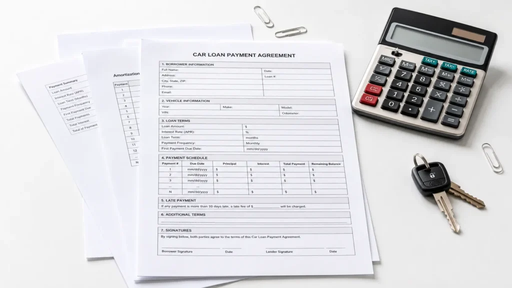 Car loan payment agreement documents with calculator and car keys on a clean desk for auto financing planning.