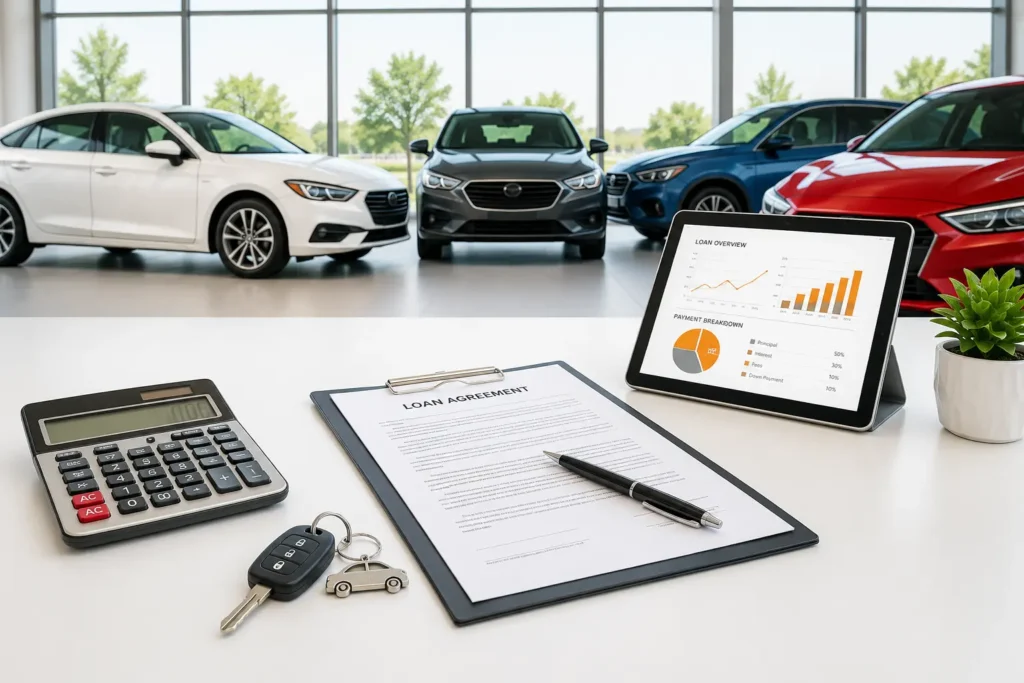 In-house financing car loan agreement with calculator, car keys, and payment chart in a modern car showroom.