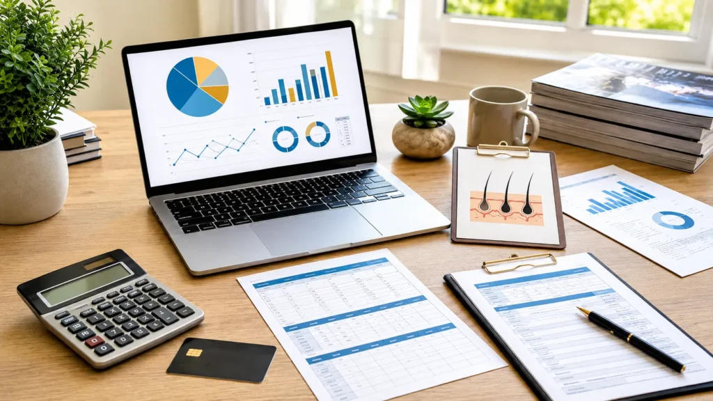 Hair transplant financing options with laptop financial charts, calculator, payment schedule, medical financing form, and treatment planning documents on a clean office desk.