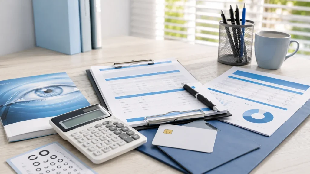 Laser eye surgery finance options with calculator, payment plan papers, medical cost estimate, credit card, and pen on a clean office desk.