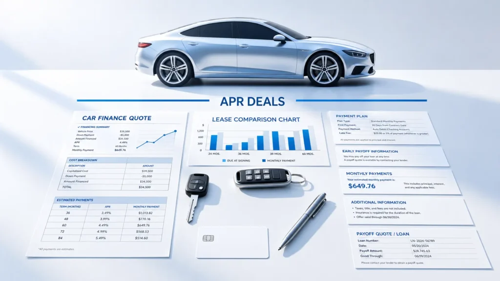 Volkswagen finance specials comparison with car lease papers, calculator, payment plan, and dealer quote on a clean desk.