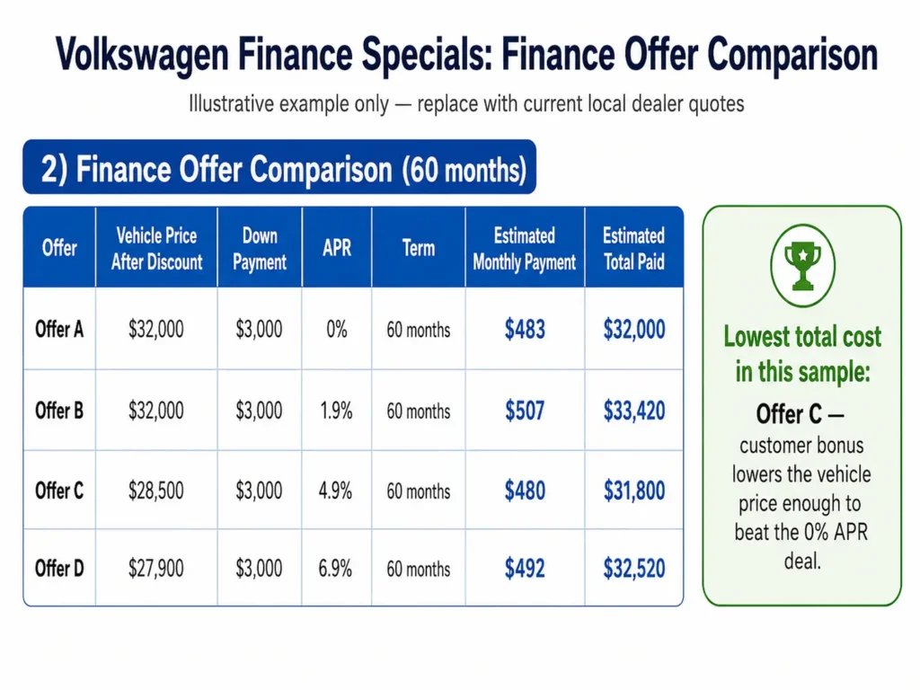 Volkswagen finance specials comparison showing APR deals, customer bonus, monthly payment, and total amount paid.