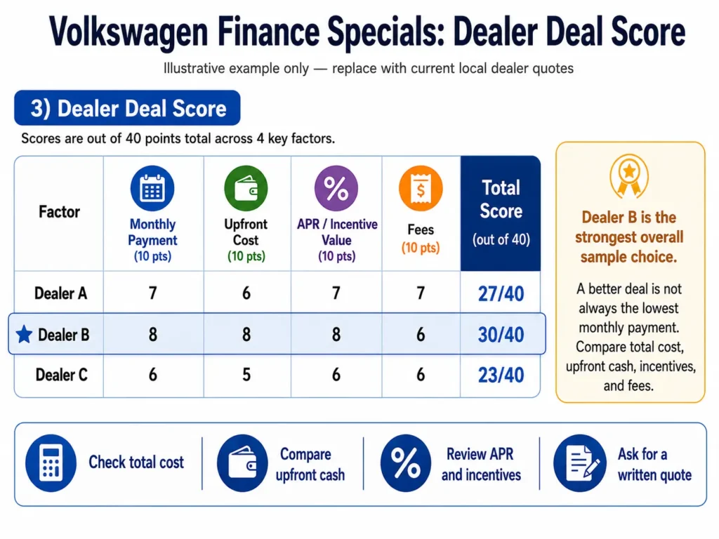Volkswagen finance specials dealer scorecard comparing monthly payment, upfront cost, incentives, and fees.
