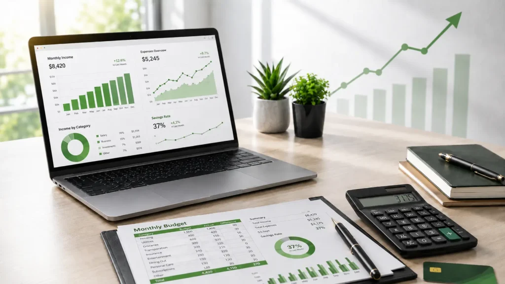Income Made Smart workspace with laptop finance charts, budget sheet, calculator, and growth graph