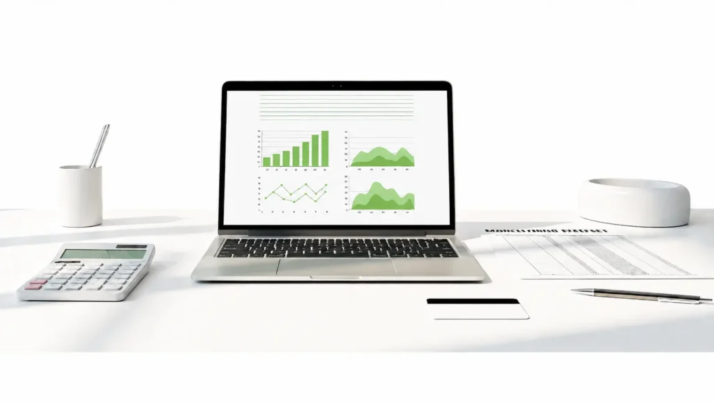 Income Made Smart finance workspace with laptop charts, calculator, budget paper, credit card, and savings jar