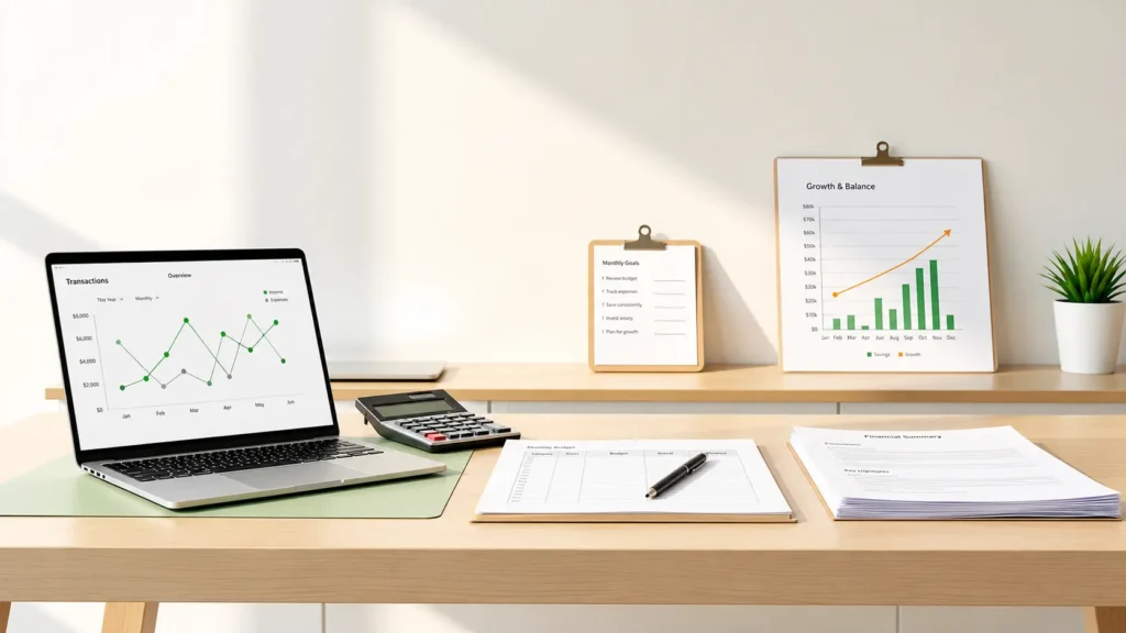 Clean finance workspace with laptop charts, calculator, budget sheet, financial documents, and growth graph for smart money planning.