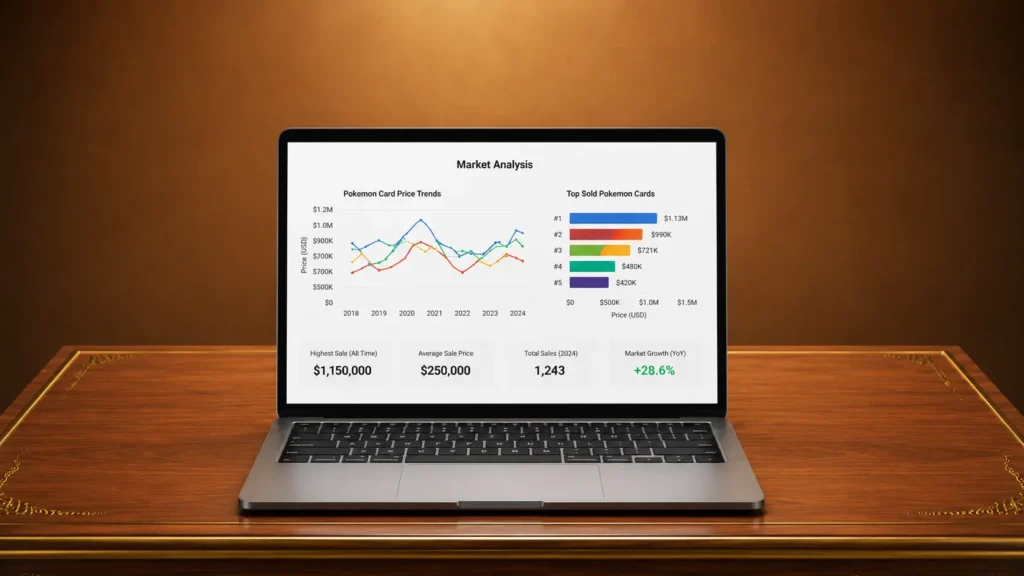 Laptop showing Pokémon card market analysis with price trends and sales data on a clean wooden desk.