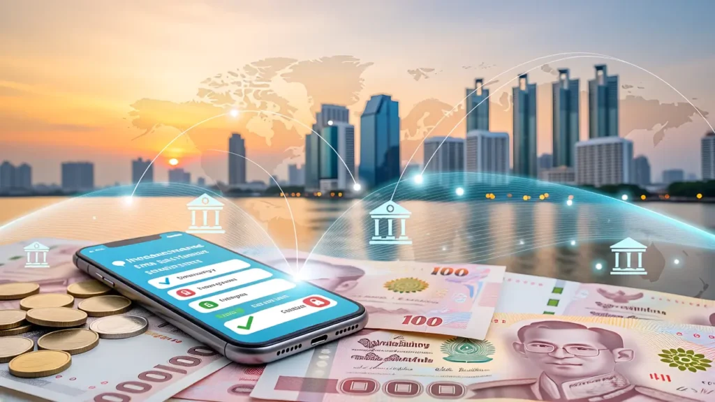 Send money to Thailand smartphone displaying an international money transfer app with Thai Baht banknotes, coins, and digital banking connections against a modern Bangkok skyline.