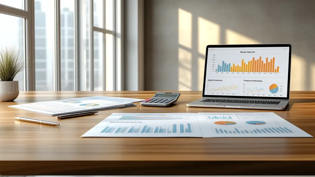 Modern financial advisor workspace with laptop displaying financial charts, calculator, reports, and investment analysis documents on a wooden desk.