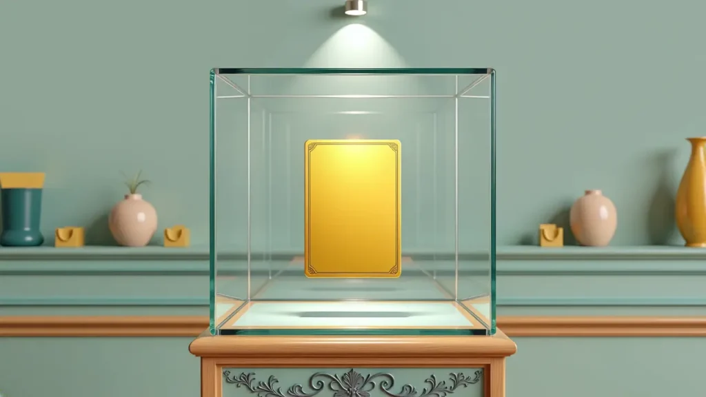 Rare golden Pokémon-style trading card displayed inside a glass case under spotlight