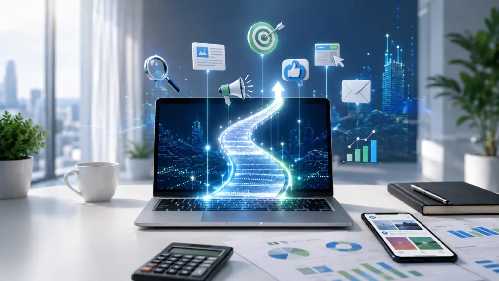 Digital Marketing AppKod workspace with laptop, glowing digital growth path, marketing icons, analytics charts, smartphone, and strategy papers.