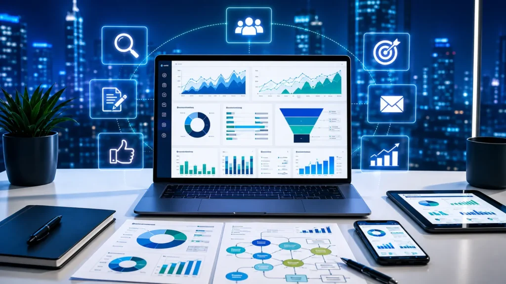 Marketing strategist workspace with laptop analytics dashboard, campaign charts, strategy papers, smartphone, and tablet showing clear marketing data.