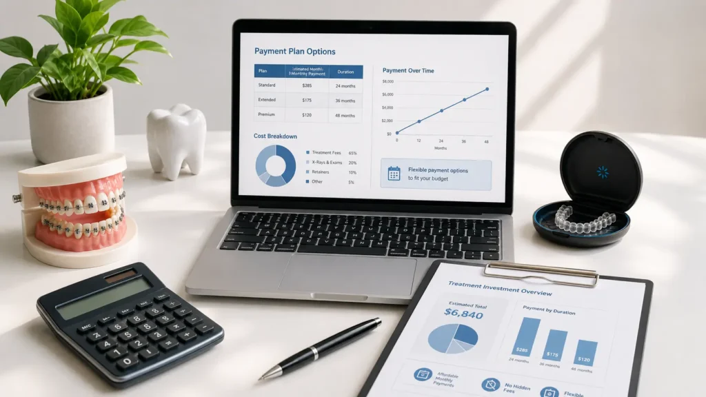 Laptop showing orthodontist payment plan charts with braces model, calculator, retainer, and treatment cost papers on a clean desk.