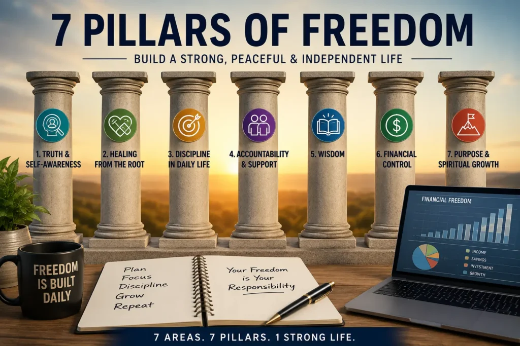 7 Pillars of Freedom infographic with seven stone pillars, notebook, laptop finance chart, and sunrise background showing personal growth and financial freedom