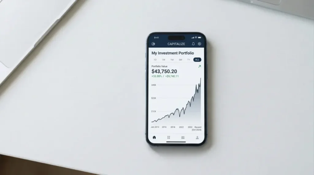 Smartphone displaying a realistic upward investment chart illustrating compound interest over time