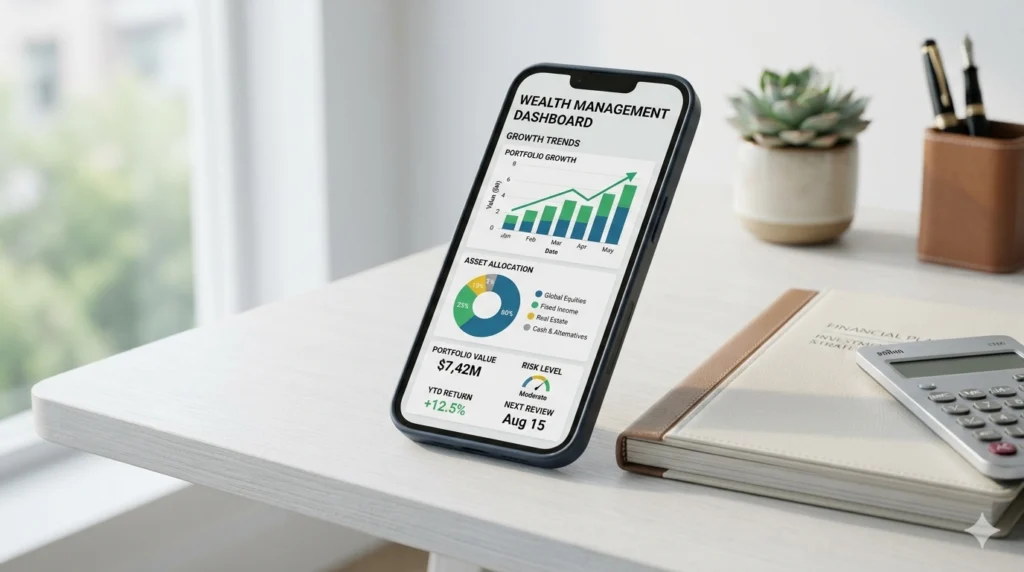Smartphone showing an investment portfolio and wealth growth chart for wealth management